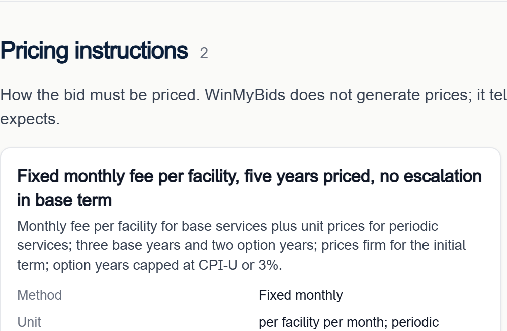 Pricing instructions: fixed monthly fee per facility for five years, priced on Attachment C.