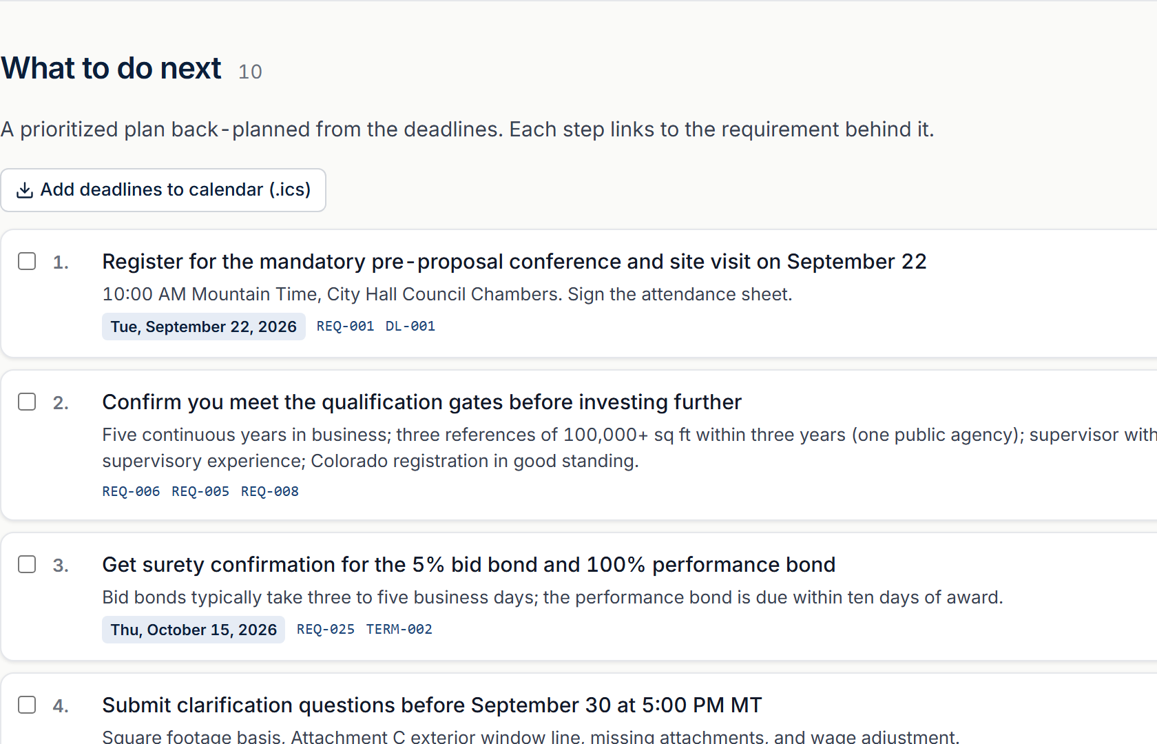 Action plan: register for the mandatory site visit, confirm the qualification gates, with dates and the requirement each step comes from.